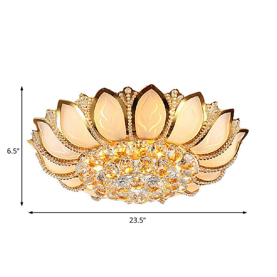 Vintage Petal Flushed Gold Ceiling Light With Frosted Glass & Clear Crystal Ball Décor - 18’/19.5’ W