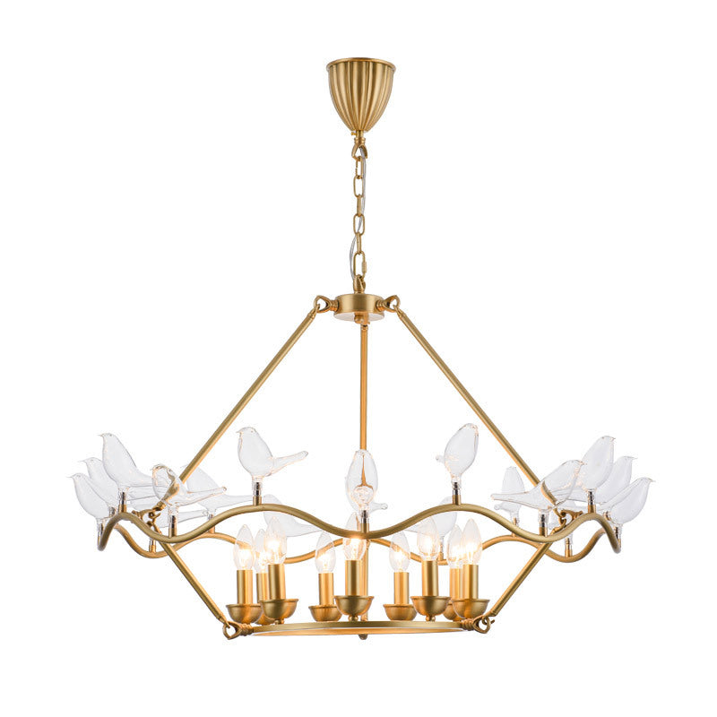 Modern Iron Candle Chandelier Ceiling Fixture In Gold With Clear Glass Birds - 6/9-Head For Living