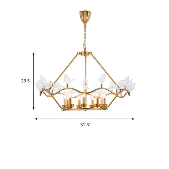 Modern Iron Candle Chandelier Ceiling Fixture In Gold With Clear Glass Birds - 6/9-Head For Living