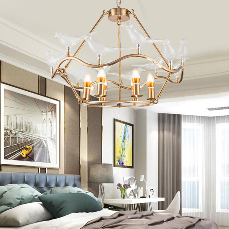 Modern Iron Candle Chandelier Ceiling Fixture In Gold With Clear Glass Birds - 6/9-Head For Living