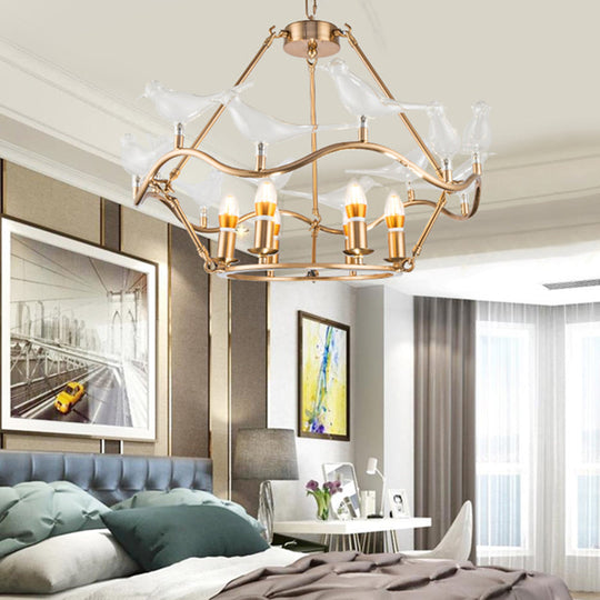 Modern Iron Candle Chandelier Ceiling Fixture In Gold With Clear Glass Birds - 6/9-Head For Living