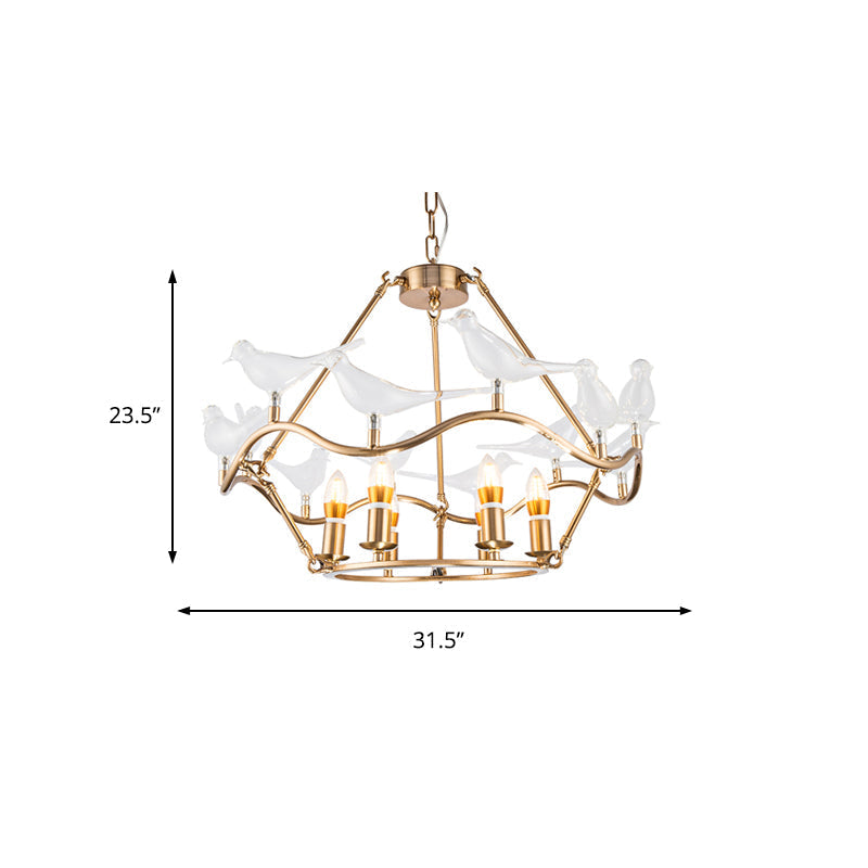 Modern Iron Candle Chandelier Ceiling Fixture In Gold With Clear Glass Birds - 6/9-Head For Living