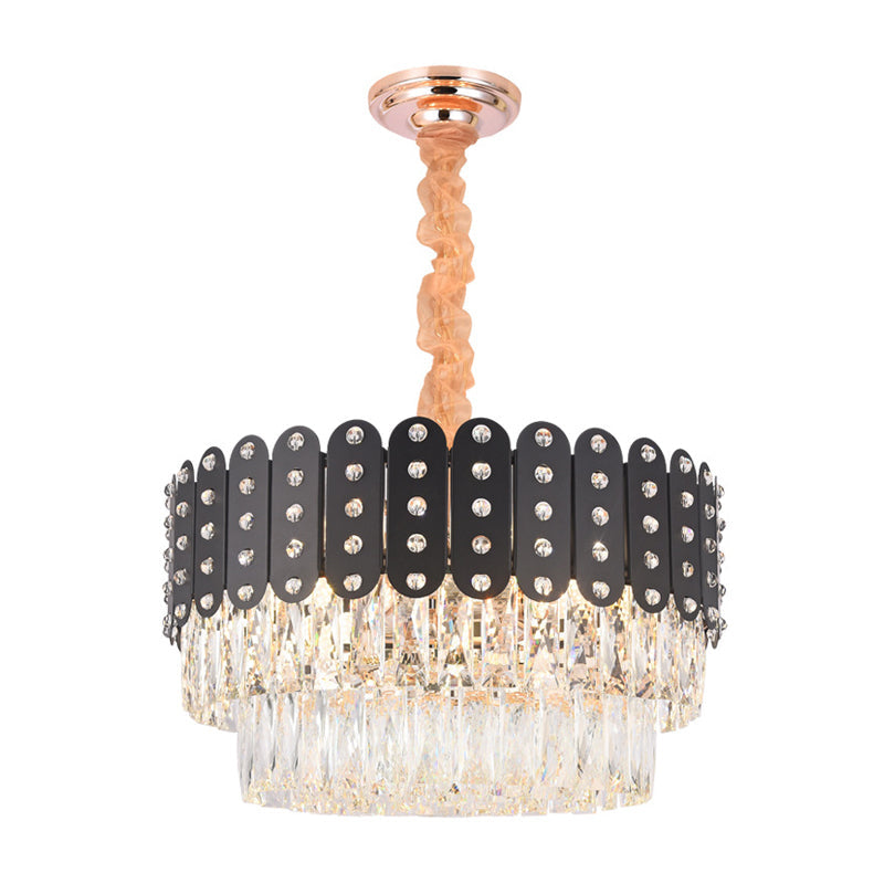 Vintage Metal Chandelier Pendant Light With Crystal Block - 12 Lights Round Design Black Finish
