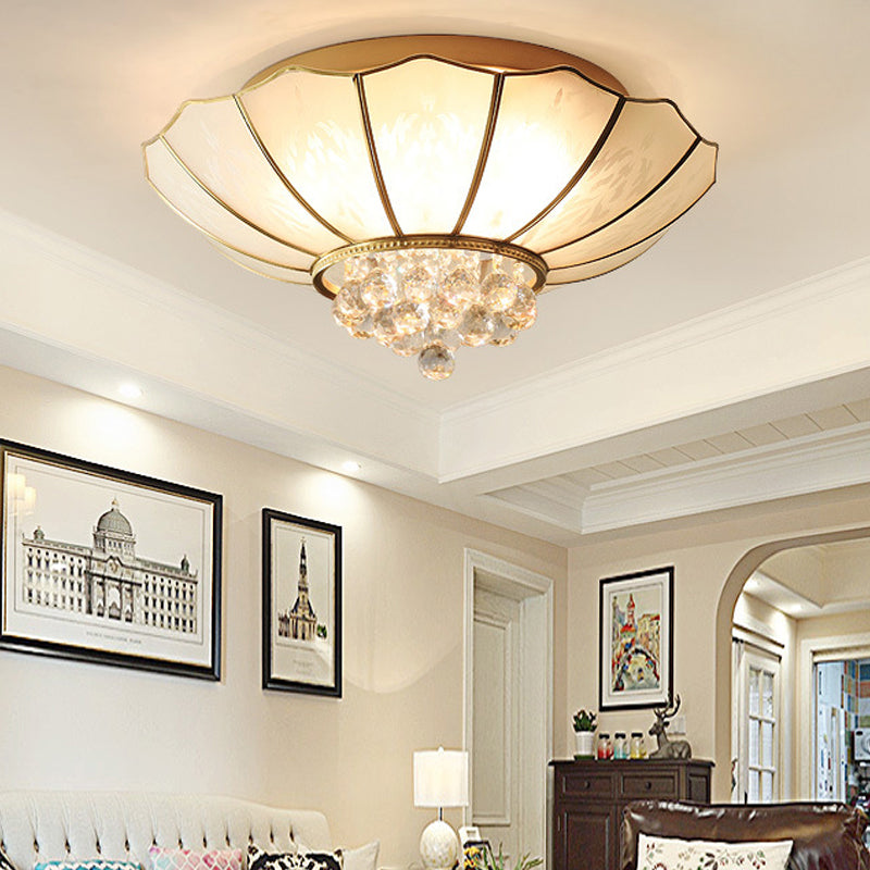 10’/13’ W Scalloped Flush Lamp Vintage White Glass Ceiling Light With Crystal Ball Deco -