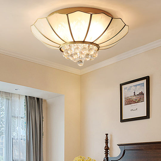 10’/13’ W Scalloped Flush Lamp Vintage White Glass Ceiling Light With Crystal Ball Deco -