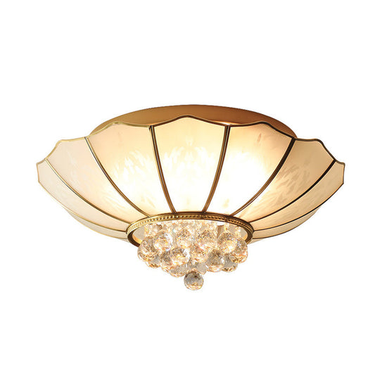 10’/13’ W Scalloped Flush Lamp Vintage White Glass Ceiling Light With Crystal Ball Deco -