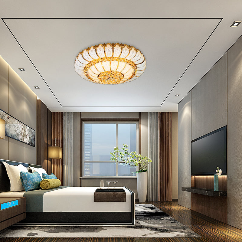 Modern Gold Flush Mount Ceiling Light With K9 Crystal Accents - 10/19-Lights Glass Shade