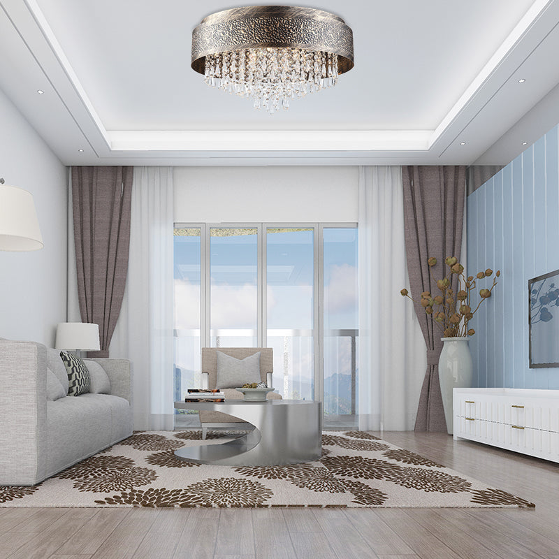 Antique Style Bronze Drum Flush Lamp With Crystal Accent 5/9 Light Iron Mount Ceiling -