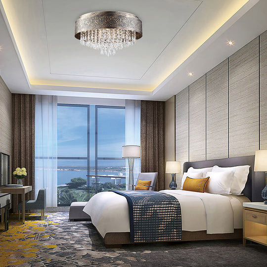 Antique Style Bronze Drum Flush Lamp With Crystal Accent 5/9 Light Iron Mount Ceiling -