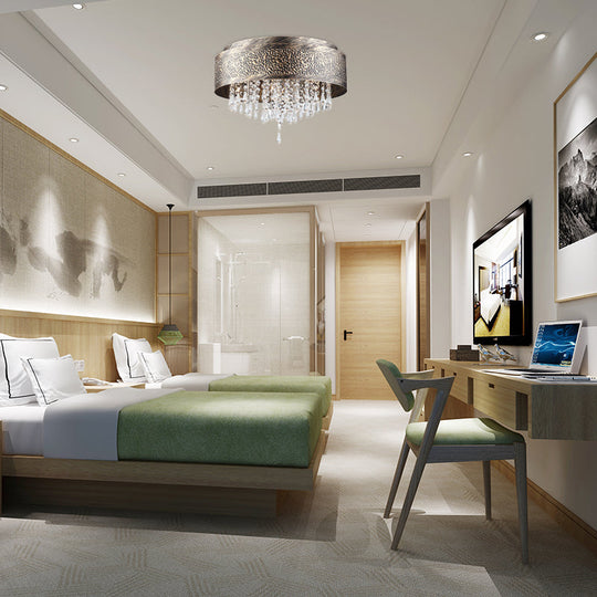 Antique Style Bronze Drum Flush Lamp With Crystal Accent 5/9 Light Iron Mount Ceiling -