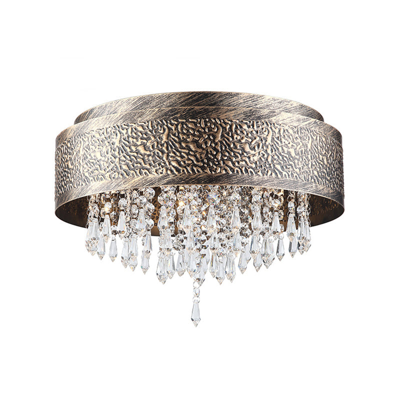 Antique Style Bronze Drum Flush Lamp With Crystal Accent 5/9 Light Iron Mount Ceiling -