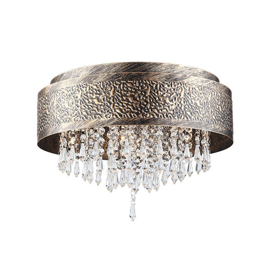 Antique Style Bronze Drum Flush Lamp With Crystal Accent 5/9 Light Iron Mount Ceiling -