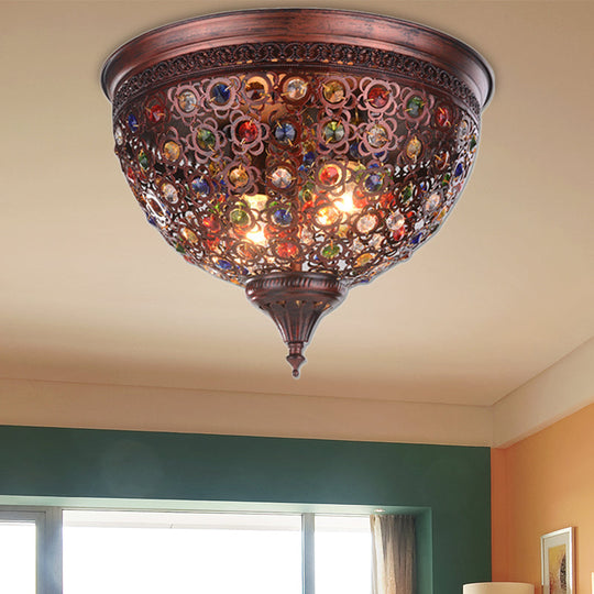 Vintage Metal Ceiling Light With Crystal Bead In Weathered Copper - 2-Light Flush Mount Fixture