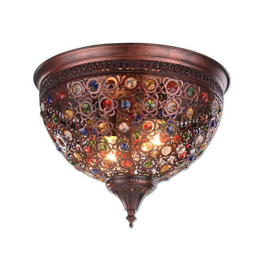 Vintage Metal Ceiling Light With Crystal Bead In Weathered Copper - 2-Light Flush Mount Fixture