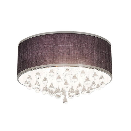 Contemporary Black Drum Flush Pendant Light With Clear Teardrop Crystal Accent - 6/8 Lights