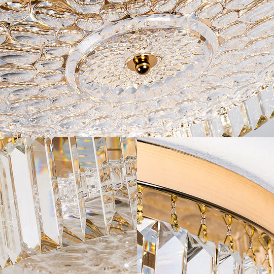 Modernist Metal Flush Mount Lamp With Led Drum Shade And Crystal Prism In Gold Finish - 14’/18’ Wide