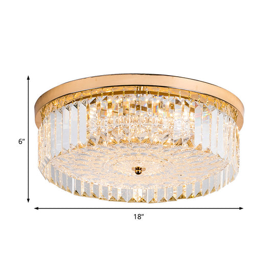 Modernist Metal Flush Mount Lamp With Led Drum Shade And Crystal Prism In Gold Finish - 14’/18’ Wide