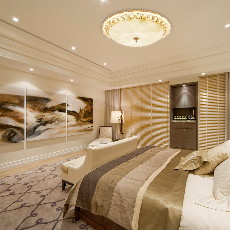 Modern Led Flush Ceiling Light With Textured Glass Bowl Crystal Accent In Gold - 12’/16’ Wide /