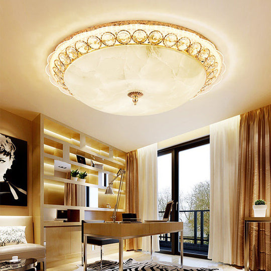 Modern Led Flush Ceiling Light With Textured Glass Bowl Crystal Accent In Gold - 12’/16’ Wide