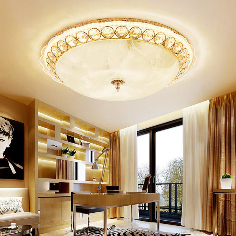 Modern Led Flush Ceiling Light With Textured Glass Bowl Crystal Accent In Gold - 12/16 Wide