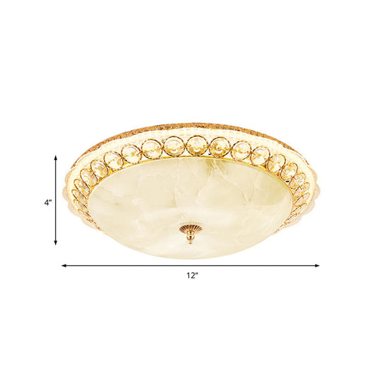 Modern Led Flush Ceiling Light With Textured Glass Bowl Crystal Accent In Gold - 12’/16’ Wide