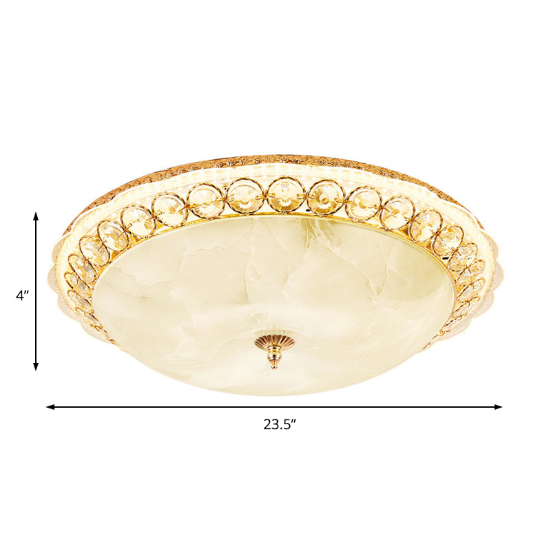 Modern Led Flush Ceiling Light With Textured Glass Bowl Crystal Accent In Gold - 12’/16’ Wide