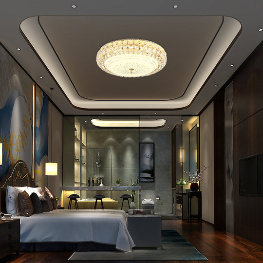 Contemporary Frosted Glass Led Ceiling Light With K9 Crystal In Gold - 12’/16’ Wide