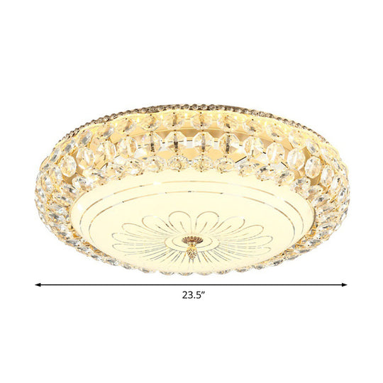 Contemporary Frosted Glass Led Ceiling Light With K9 Crystal In Gold - 12’/16’ Wide