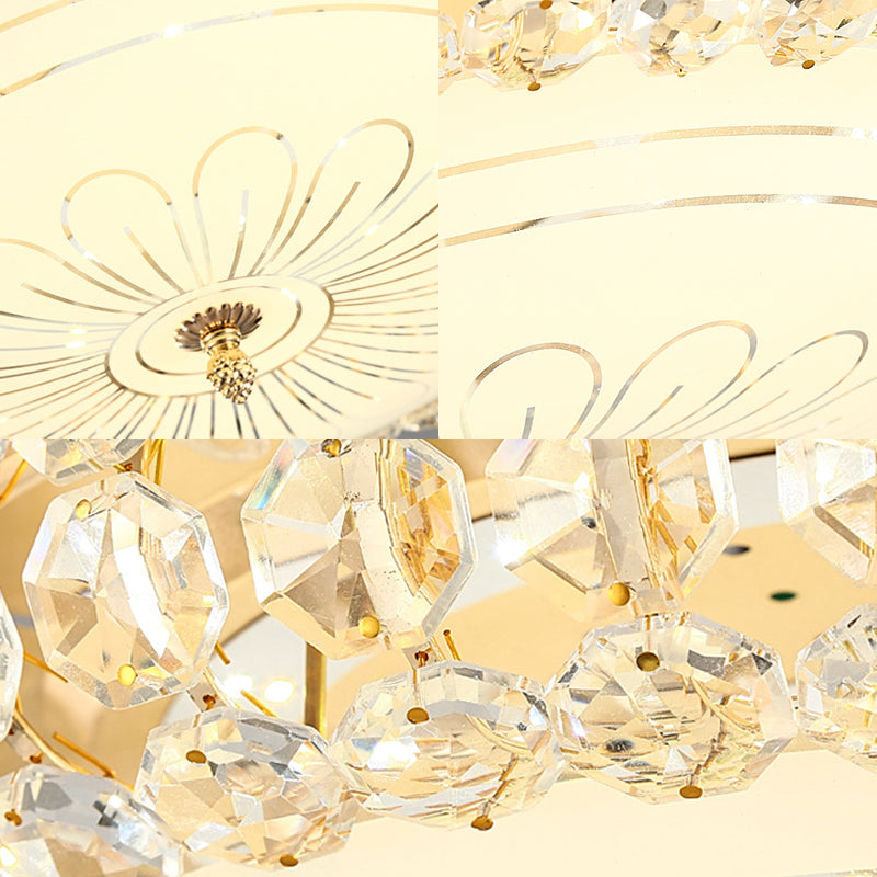 Contemporary Frosted Glass Led Ceiling Light With K9 Crystal In Gold - 12’/16’ Wide