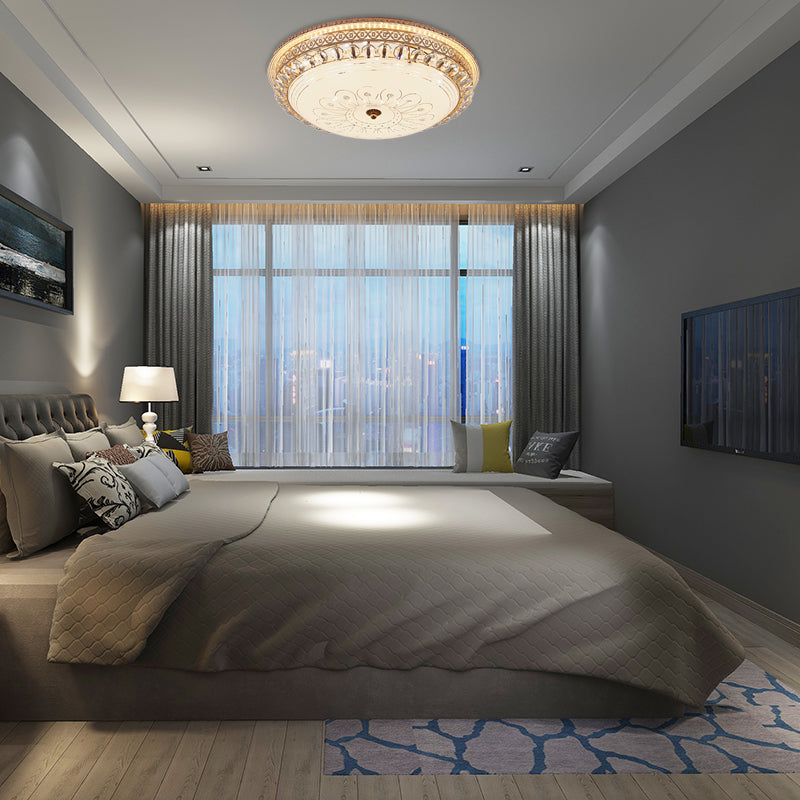 Modern Gold Flush Mount Ceiling Light With Opal Glass Led And Crystal Accent - 16’/19.5’ W