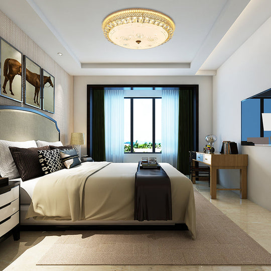 Modern Gold Flush Mount Ceiling Light With Opal Glass Led And Crystal Accent - 16’/19.5’ W