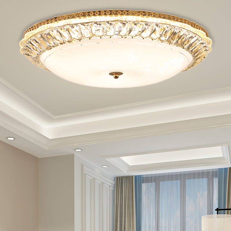 Contemporary Led Flush Mount Ceiling Light With Opal Glass Bowl And Crystal Accents - 12’/16’ Gold