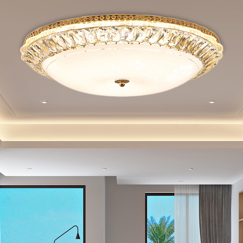 Contemporary Led Flush Mount Ceiling Light With Opal Glass Bowl And Crystal Accents - 12’/16’