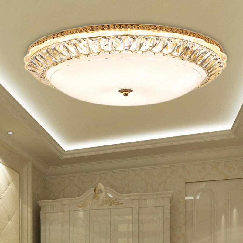 Contemporary Led Flush Mount Ceiling Light With Opal Glass Bowl And Crystal Accents - 12’/16’