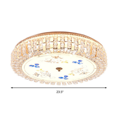 Golden Drum Flushmount Lighting: Modern Crystal And Glass Multi Light Ceiling Lamp (16/19.5 W) With