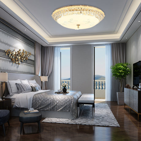 Modernist White Glass And Clear Crystal Led Flush Pendant Light For Bedroom - 12/16 Diameter / 12