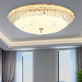 Modernist White Glass And Clear Crystal Led Flush Pendant Light For Bedroom - 12/16 Diameter