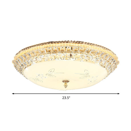 Modernist White Glass And Clear Crystal Led Flush Pendant Light For Bedroom - 12/16 Diameter