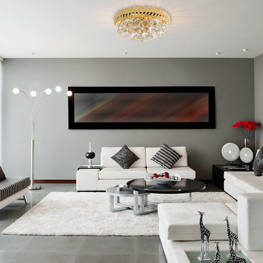 Modern Gold Flush Mount Chandelier With Crystal Ball & Round Shade - 14/18 W 3/4/5 Heads