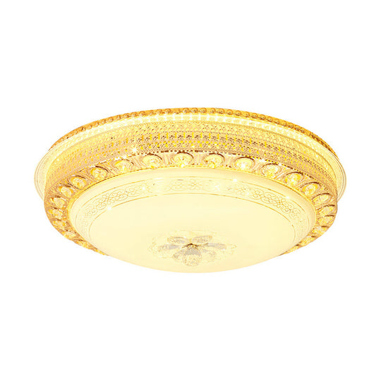 Modern Opal Glass Bowl Flush Light With Led Crystal Accent And Gold Hollow Out Design