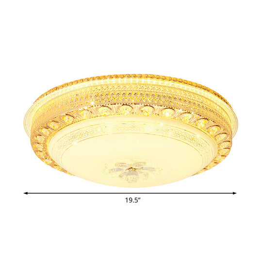 Modern Opal Glass Bowl Flush Light With Led Crystal Accent And Gold Hollow Out Design