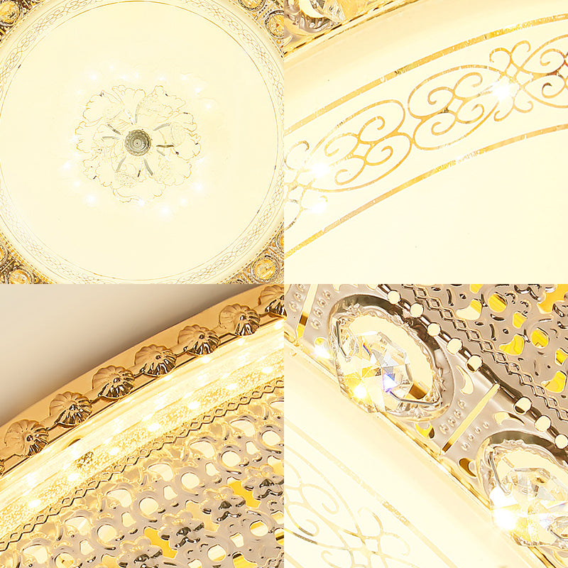 Modern Opal Glass Bowl Flush Light With Led Crystal Accent And Gold Hollow Out Design