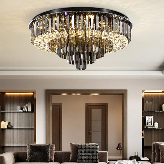 Modern Crystal Led Bedroom Ceiling Light - Smoke Gray Layered Flush - Mount Fixture 19.5’/23.5’ Wide