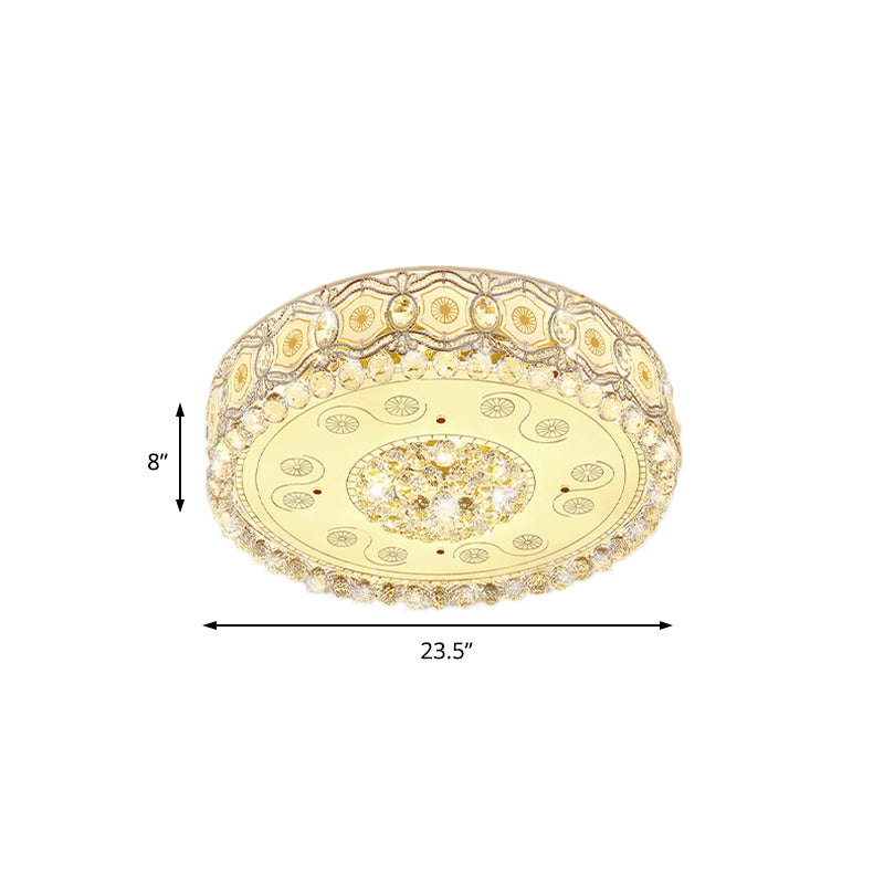 Vintage Led Flush Mount Ceiling Lamp With Etched Design Clear Crystal Accents And White Glass Circle
