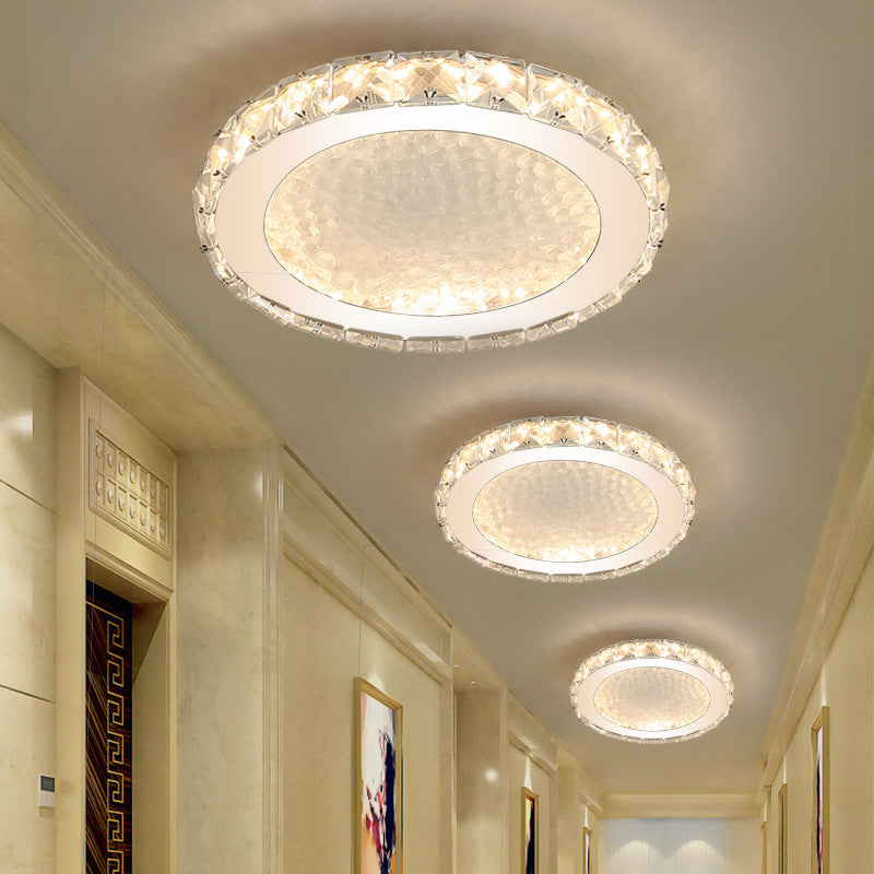 Modern Led Round Flush Mount Ceiling Light With Clear Crystal Accent In White - Warm/White Lighting