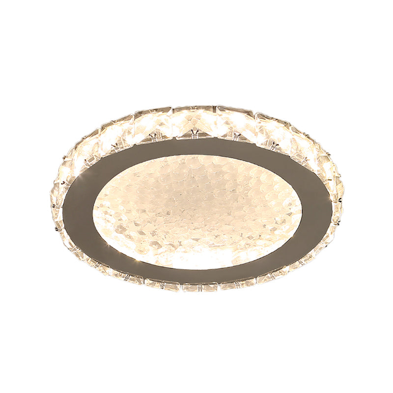Modern Led Round Flush Mount Ceiling Light With Clear Crystal Accent In White - Warm/White Lighting