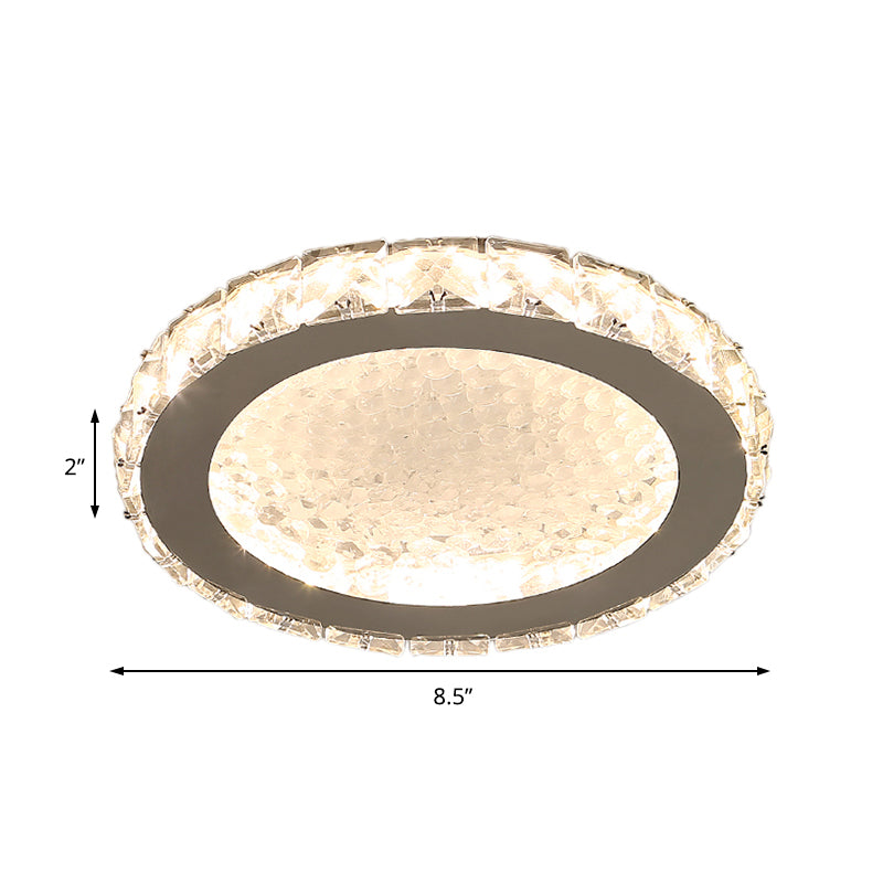 Modern Led Round Flush Mount Ceiling Light With Clear Crystal Accent In White - Warm/White Lighting