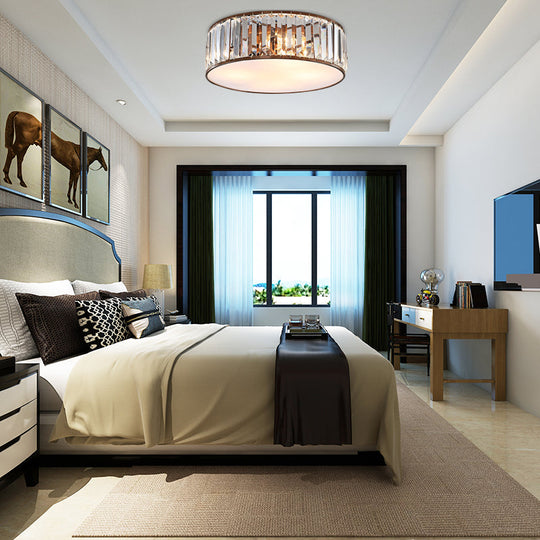Modern Black/Bronze Flush Mount Bedroom Drum Light With Crystal Block - 12.5/16.5 Width