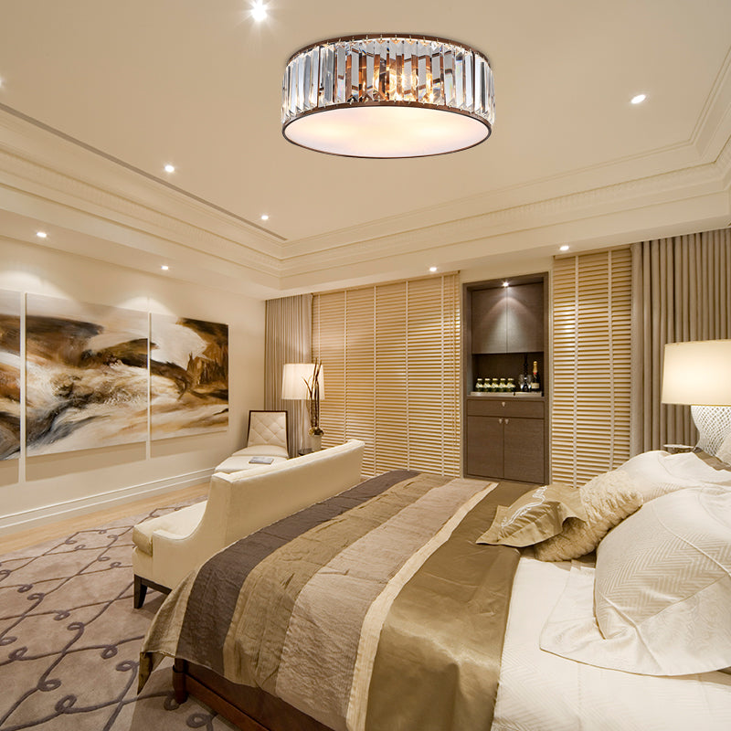 Modern Black/Bronze Flush Mount Bedroom Drum Light With Crystal Block - 12.5/16.5 Width