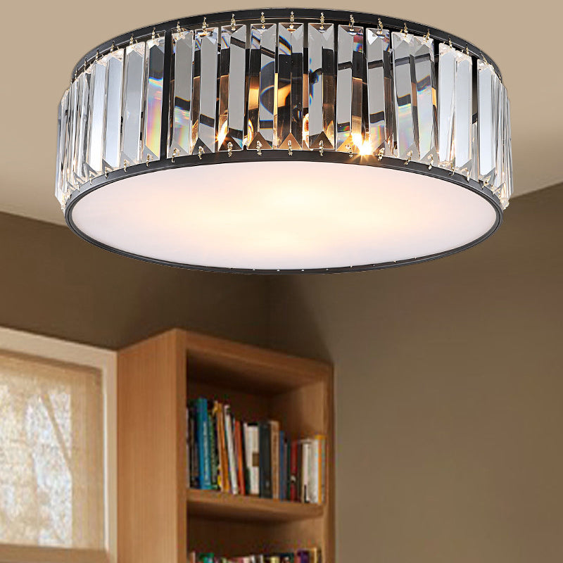 Modern Black/Bronze Flush Mount Bedroom Drum Light With Crystal Block - 12.5/16.5 Width Black / 12.5